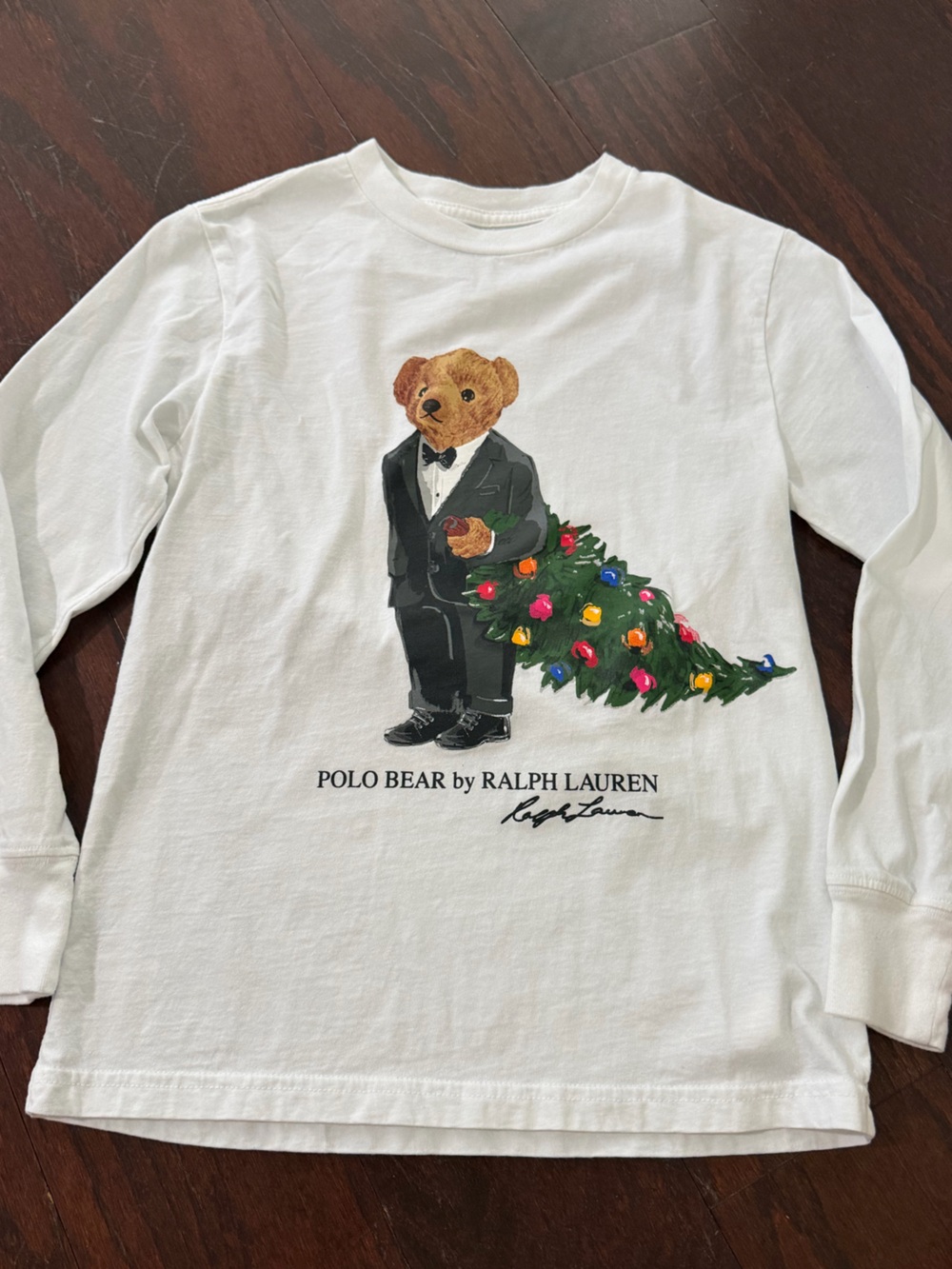 Polo by Ralph Lauren White Long-Sleeve Tee with Festive Polo Bear